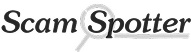 The scam spotter logo written in a playful serif font with a magnifying glass focused on the S of Spotter